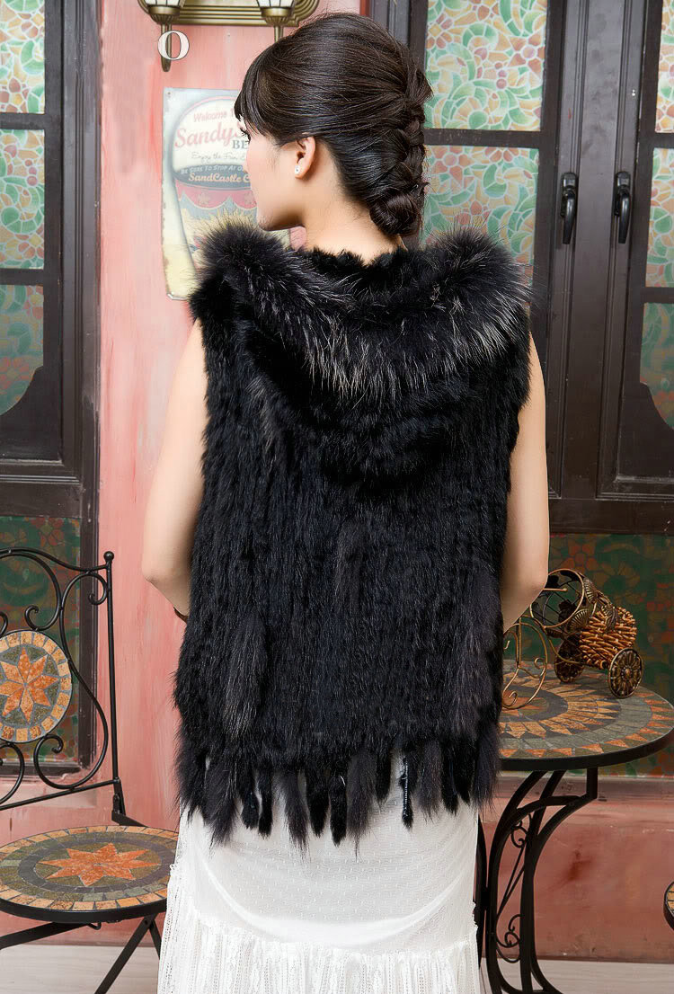 Extreme Luxury Women Natural Rabbit Fur Vest With Hooded Large Raccoon Fur Collar Gilet - Black