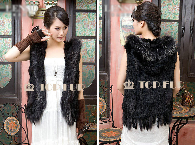 Extreme Luxury Women Natural Rabbit Fur Vest With Hooded Large Raccoon Fur Collar Gilet - Black