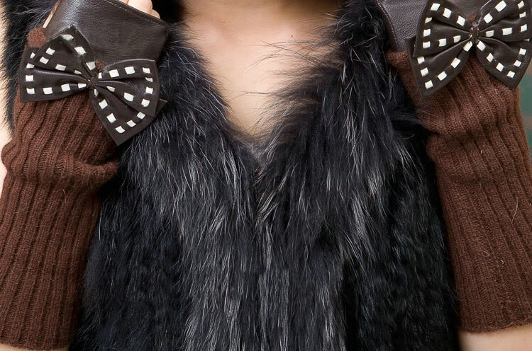 Extreme Luxury Women Natural Rabbit Fur Vest With Hooded Large Raccoon Fur Collar Gilet - Black