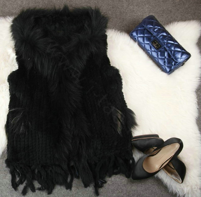 Extreme Luxury Women Natural Rabbit Fur Vest With Hooded Large Raccoon Fur Collar Gilet - Black