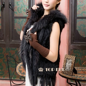 Extreme Luxury Women Natural Rabbit Fur Vest With Hooded Large Raccoon Fur Collar Gilet - Black