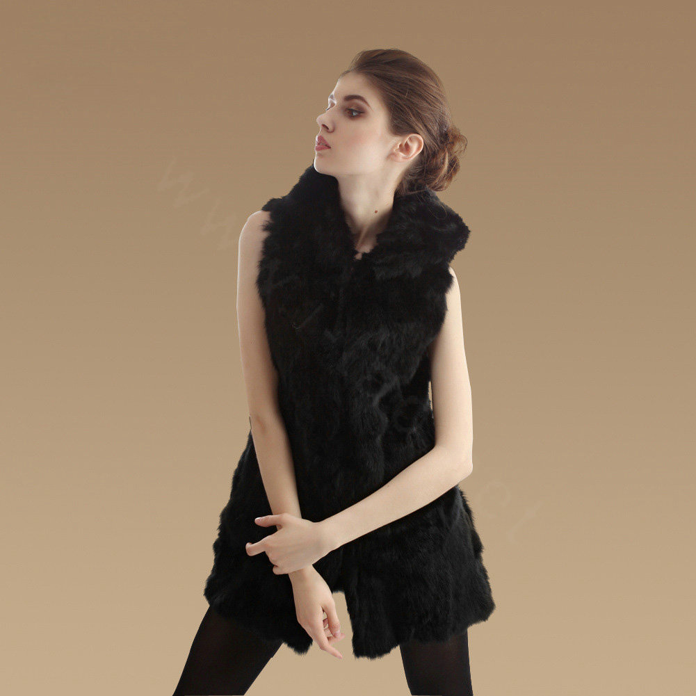 Extreme Luxury Women Natural Rabbit Fur Vest With Hooded Winter Warm Fur Gilet - Black