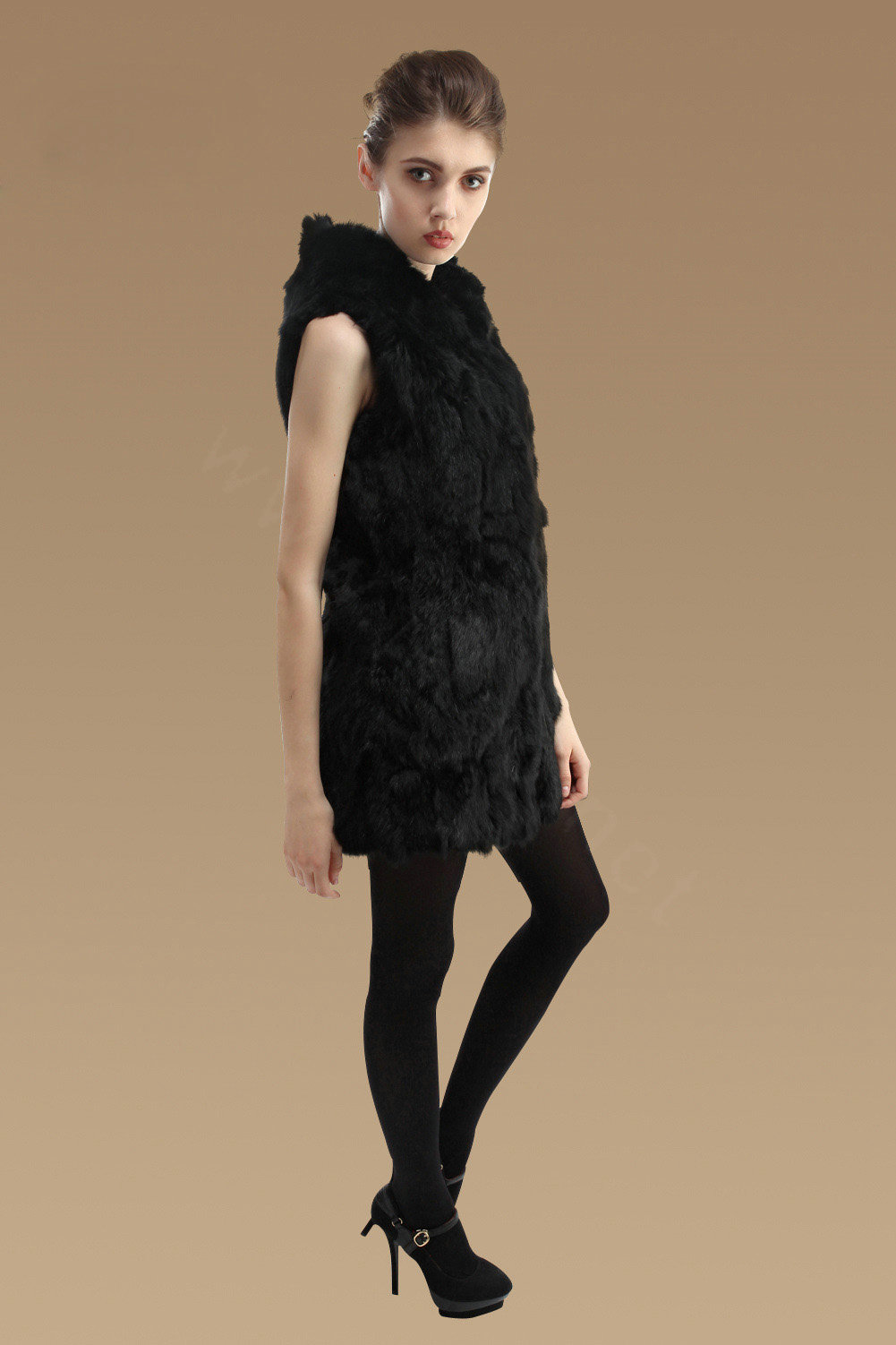 Extreme Luxury Women Natural Rabbit Fur Vest With Hooded Winter Warm Fur Gilet - Black