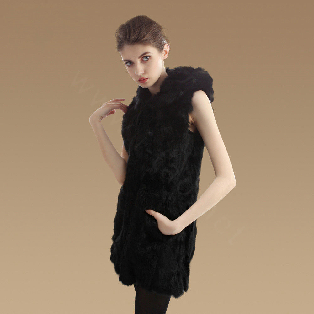 Extreme Luxury Women Natural Rabbit Fur Vest With Hooded Winter Warm Fur Gilet - Black
