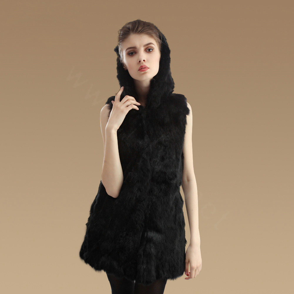 Extreme Luxury Women Natural Rabbit Fur Vest With Hooded Winter Warm Fur Gilet - Black