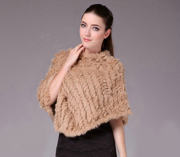 Fashion Delicate knitted Rabbit Fur Shawl Female Party Pullover Women's Triangle Fur Poncho - Camel