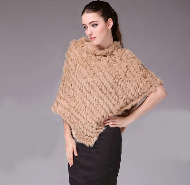 Fashion Delicate knitted Rabbit Fur Shawl Female Party Pullover Women's Triangle Fur Poncho - Camel
