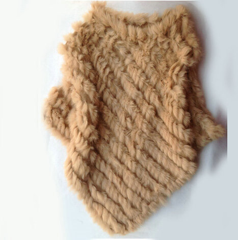 Fashion Delicate knitted Rabbit Fur Shawl Female Party Pullover Women's Triangle Fur Poncho - Camel