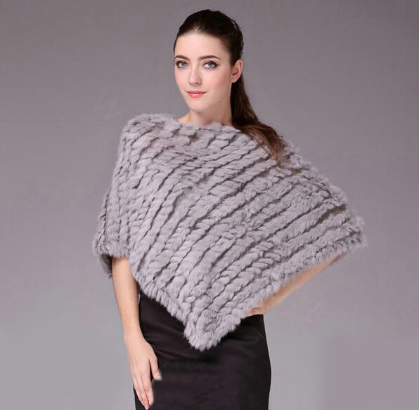 Fashion Delicate knitted Rabbit Fur Shawl Female Party Pullover Women's Triangle Fur Poncho - Grey