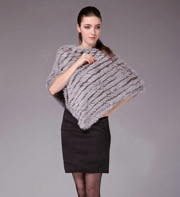 Fashion Delicate knitted Rabbit Fur Shawl Female Party Pullover Women's Triangle Fur Poncho - Grey