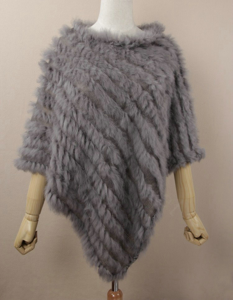 Fashion Delicate knitted Rabbit Fur Shawl Female Party Pullover Women's Triangle Fur Poncho - Grey