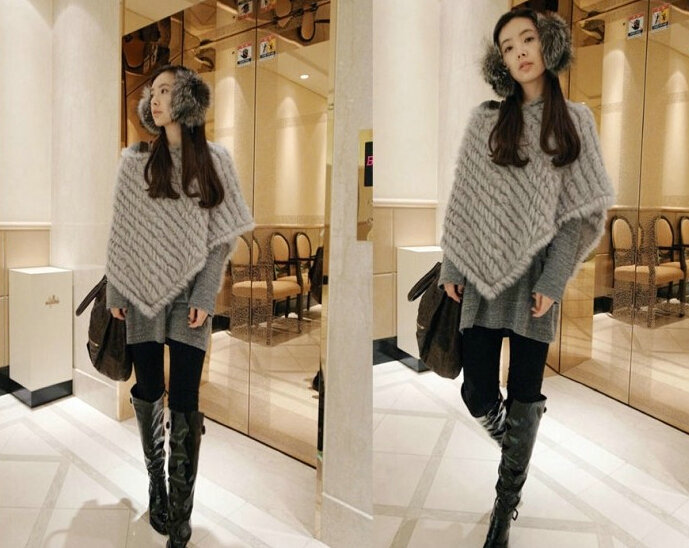 Fashion Delicate knitted Rabbit Fur Shawl Female Party Pullover Women's Triangle Fur Poncho - Grey