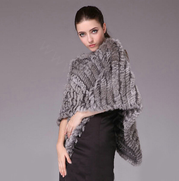 Fashion Delicate knitted Rabbit Fur Shawl Female Party Pullover Women's Triangle Fur Poncho - Natural Grey