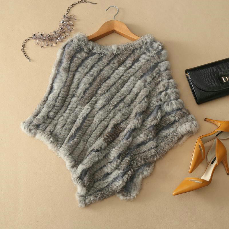 Fashion Delicate knitted Rabbit Fur Shawl Female Party Pullover Women's Triangle Fur Poncho - Natural Grey