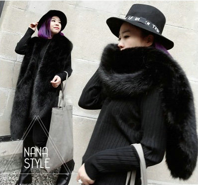 Fashion European Style Luxury Fox Fur Scarf Large Faux Fox Fur Collar Women Fur Muffler Shawls - Black