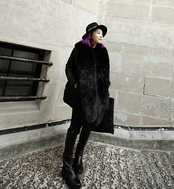 Fashion European Style Luxury Fox Fur Scarf Large Faux Fox Fur Collar Women Fur Muffler Shawls - Black