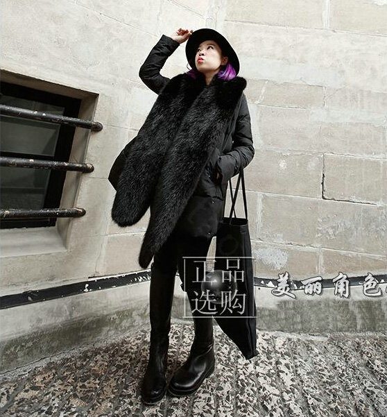 Fashion European Style Luxury Fox Fur Scarf Large Faux Fox Fur Collar Women Fur Muffler Shawls - Black