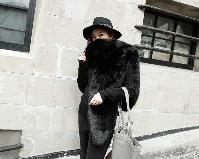 Fashion European Style Luxury Fox Fur Scarf Large Faux Fox Fur Collar Women Fur Muffler Shawls - Black