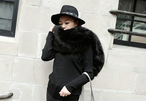 Fashion European Style Luxury Fox Fur Scarf Large Faux Fox Fur Collar Women Fur Muffler Shawls - Black