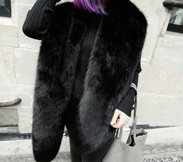 Fashion European Style Luxury Fox Fur Scarf Large Faux Fox Fur Collar Women Fur Muffler Shawls - Black