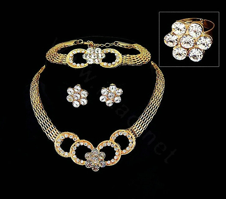 Fashion Flower Crystal Gold Plated Bridal Wedding Jewelry Sets Necklace Earrings Bracelet Ring 4pcs/set