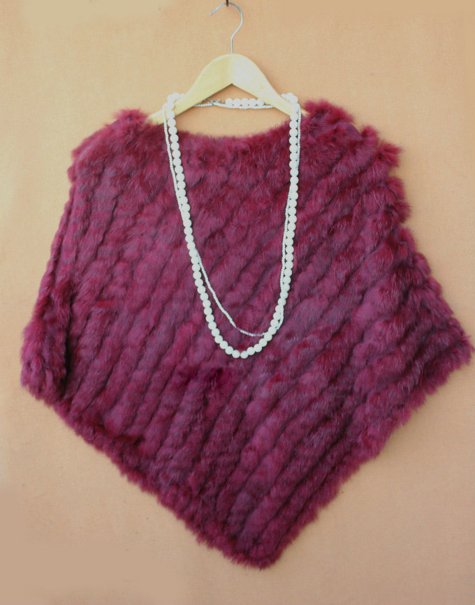 Fashion Fur Poncho knitted Rabbit Fur Shawl Wholesale and Retail Women's Triangle Fur Cape - Grape red