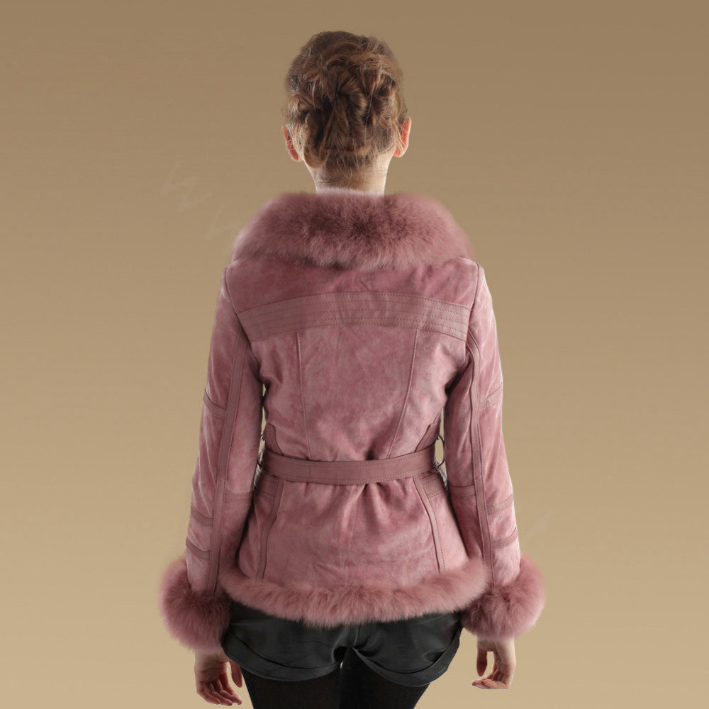 Fashion Genuine Pig Leather Coat With Large Fox Fur Collar Women Winter Belt Fur Jacket - Pink