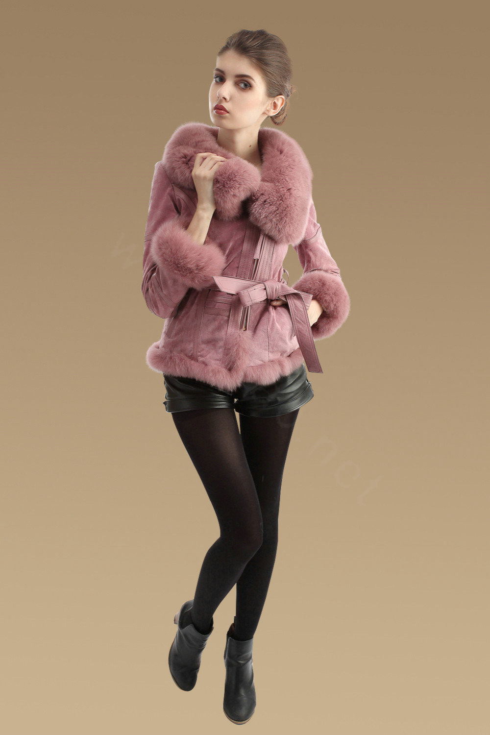 Fashion Genuine Pig Leather Coat With Large Fox Fur Collar Women Winter Belt Fur Jacket - Pink