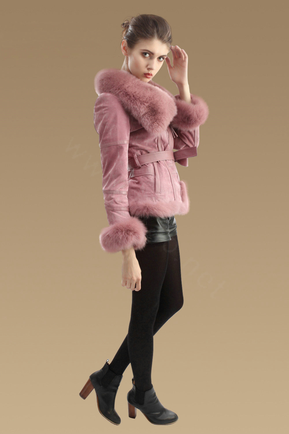 Fashion Genuine Pig Leather Coat With Large Fox Fur Collar Women Winter Belt Fur Jacket - Pink