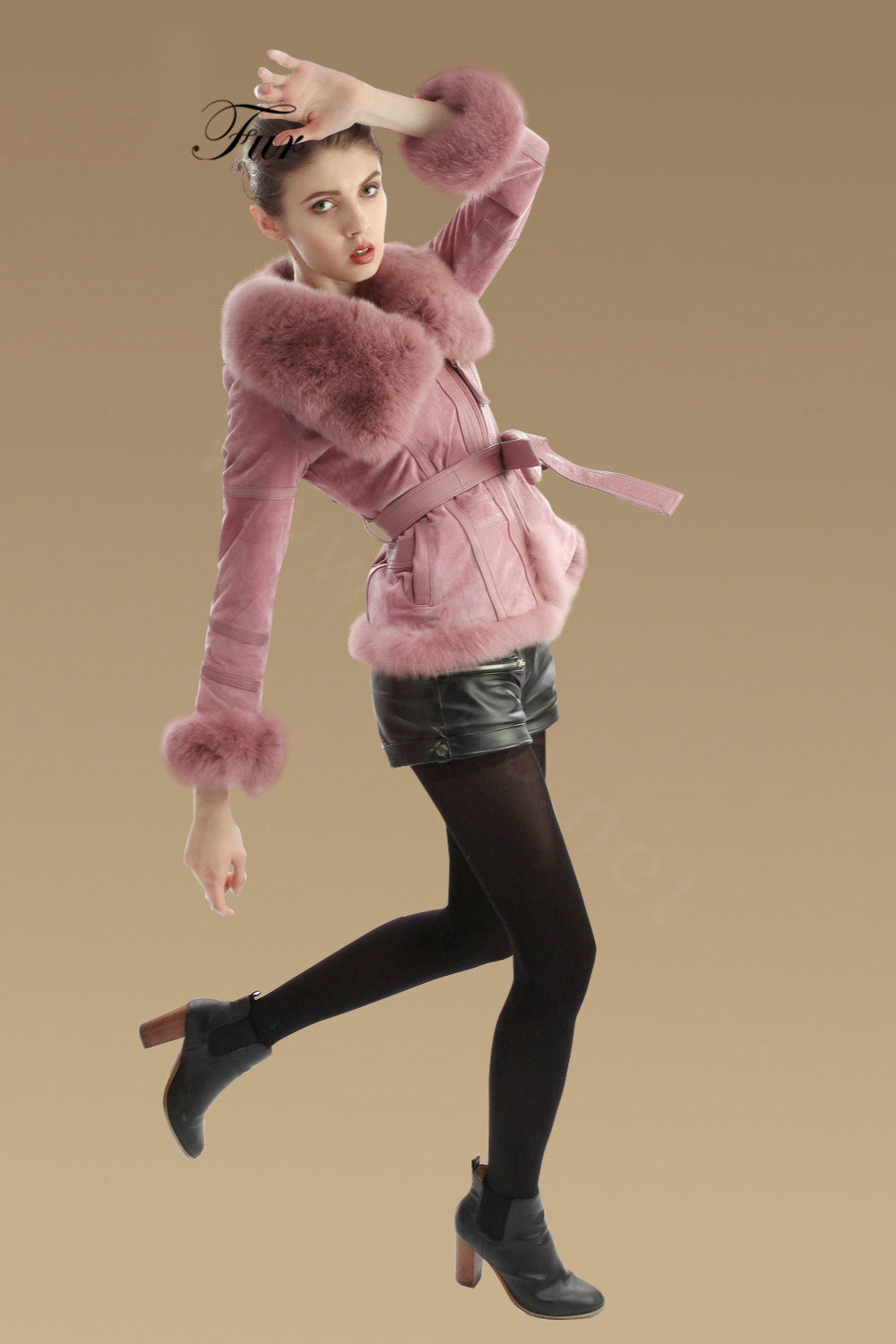 Fashion Genuine Pig Leather Coat With Large Fox Fur Collar Women Winter Belt Fur Jacket - Pink