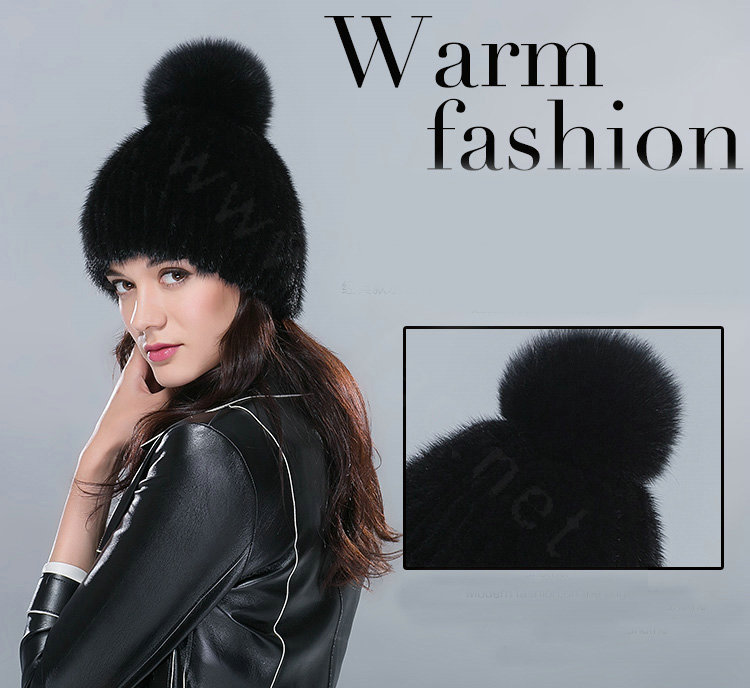 Fashion Genuine Whole Mink Fur Hats With Fox Fur Ball Women Winter Knitted Beanies Cap - Black