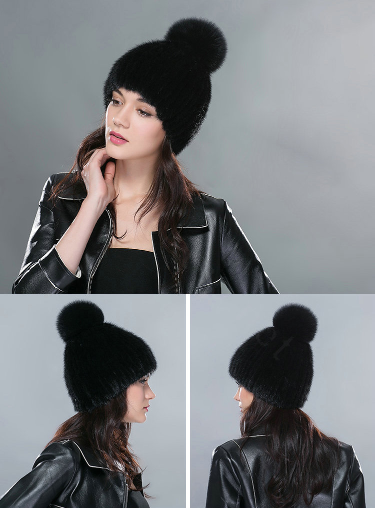 Fashion Genuine Whole Mink Fur Hats With Fox Fur Ball Women Winter Knitted Beanies Cap - Black