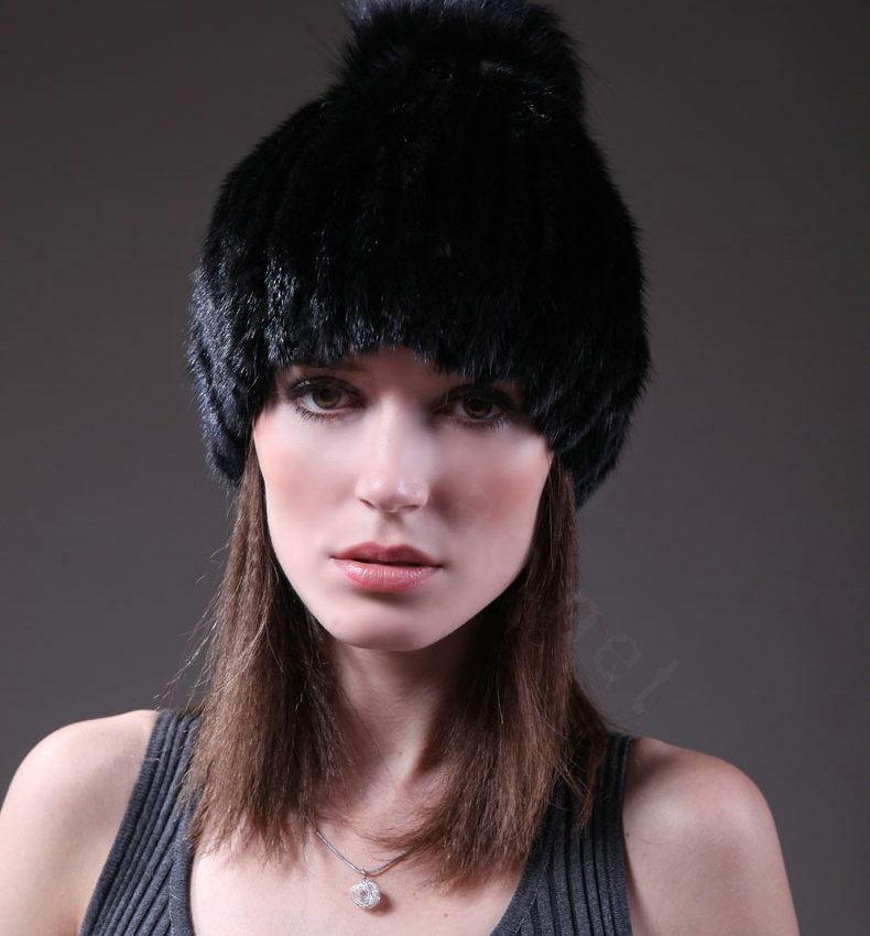 Fashion Genuine Whole Mink Fur Hats With Fox Fur Ball Women Winter Knitted Beanies Cap - Black