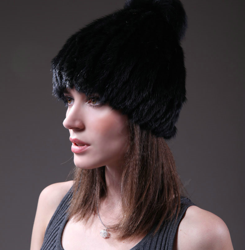 Fashion Genuine Whole Mink Fur Hats With Fox Fur Ball Women Winter Knitted Beanies Cap - Black