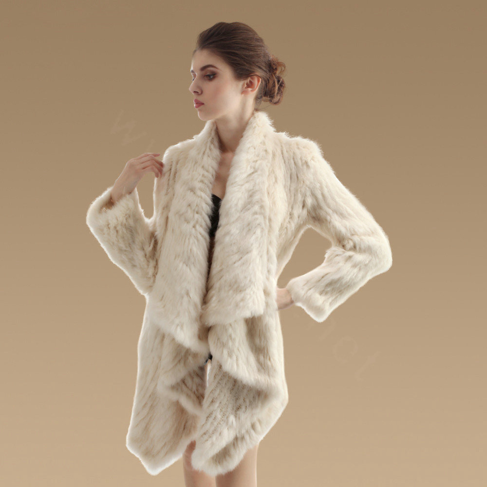 Fashion Natural Rabbit Fur Jacket Women Knitted Irregular Winter Warm Fur Coats - Beige