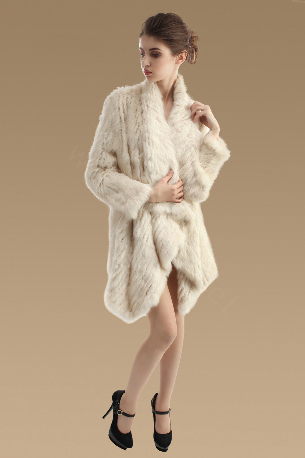 Fashion Natural Rabbit Fur Jacket Women Knitted Irregular Winter Warm Fur Coats - Beige