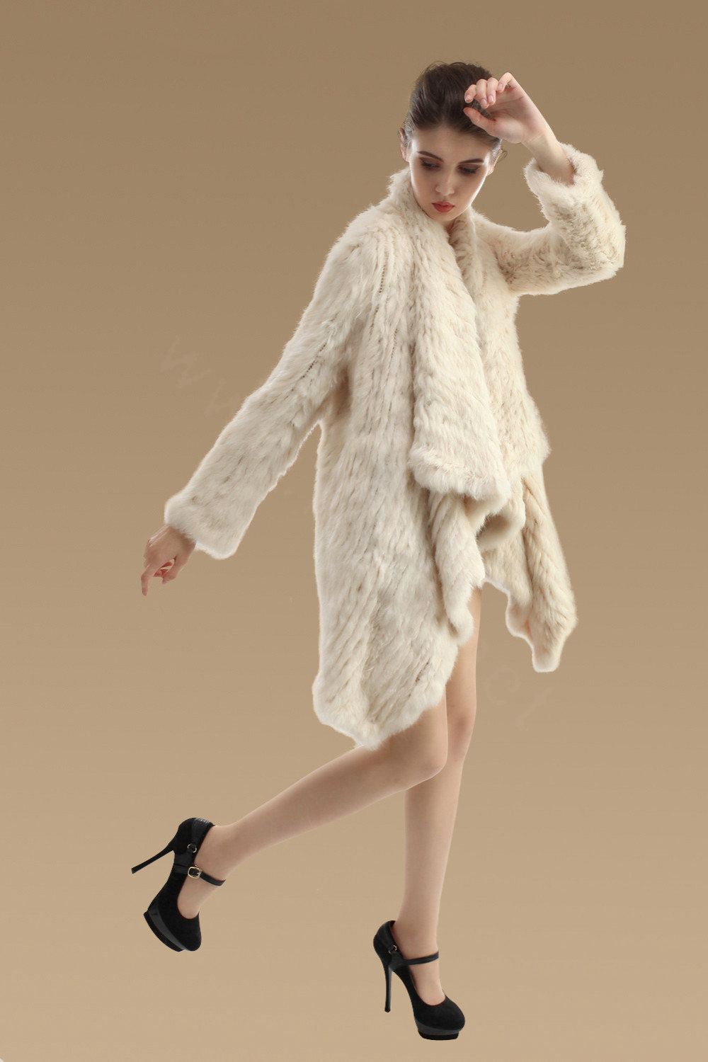 Fashion Natural Rabbit Fur Jacket Women Knitted Irregular Winter Warm Fur Coats - Beige