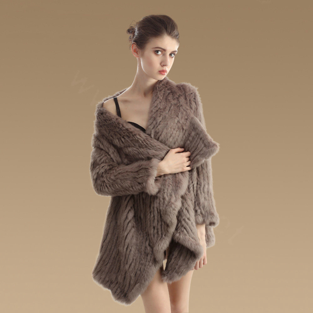 Fashion Natural Rabbit Fur Jacket Women Knitted Irregular Winter Warm Fur Coats - Khaki
