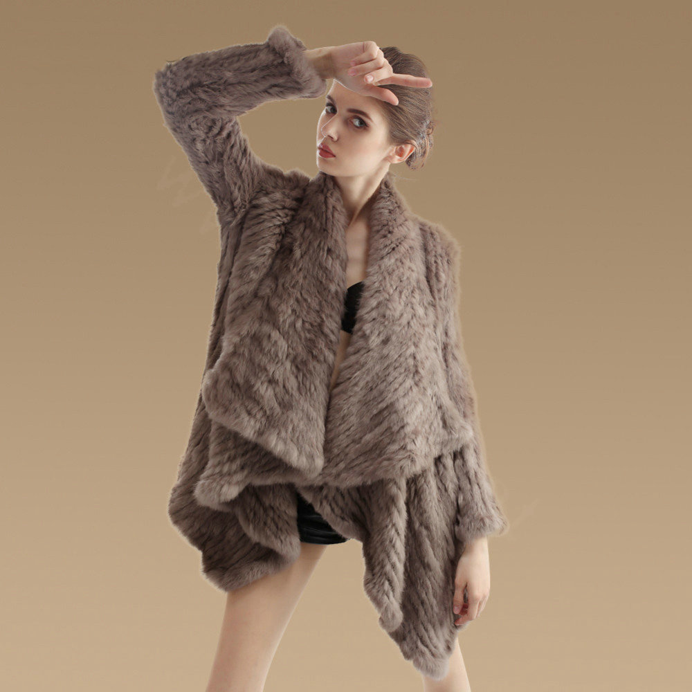 Fashion Natural Rabbit Fur Jacket Women Knitted Irregular Winter Warm Fur Coats - Khaki