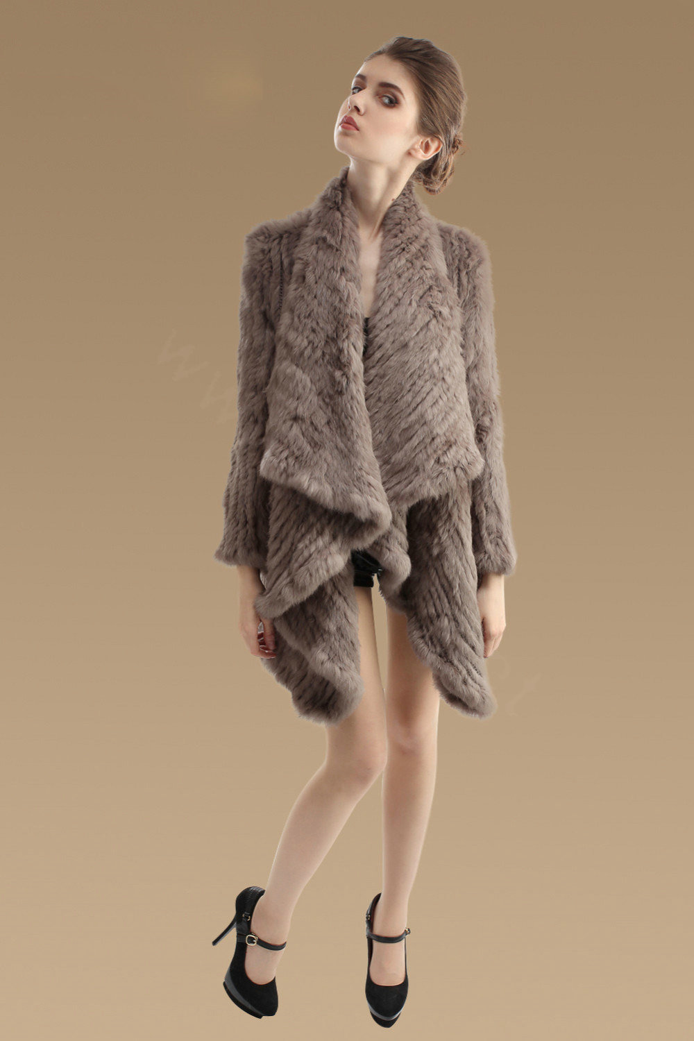 Fashion Natural Rabbit Fur Jacket Women Knitted Irregular Winter Warm Fur Coats - Khaki