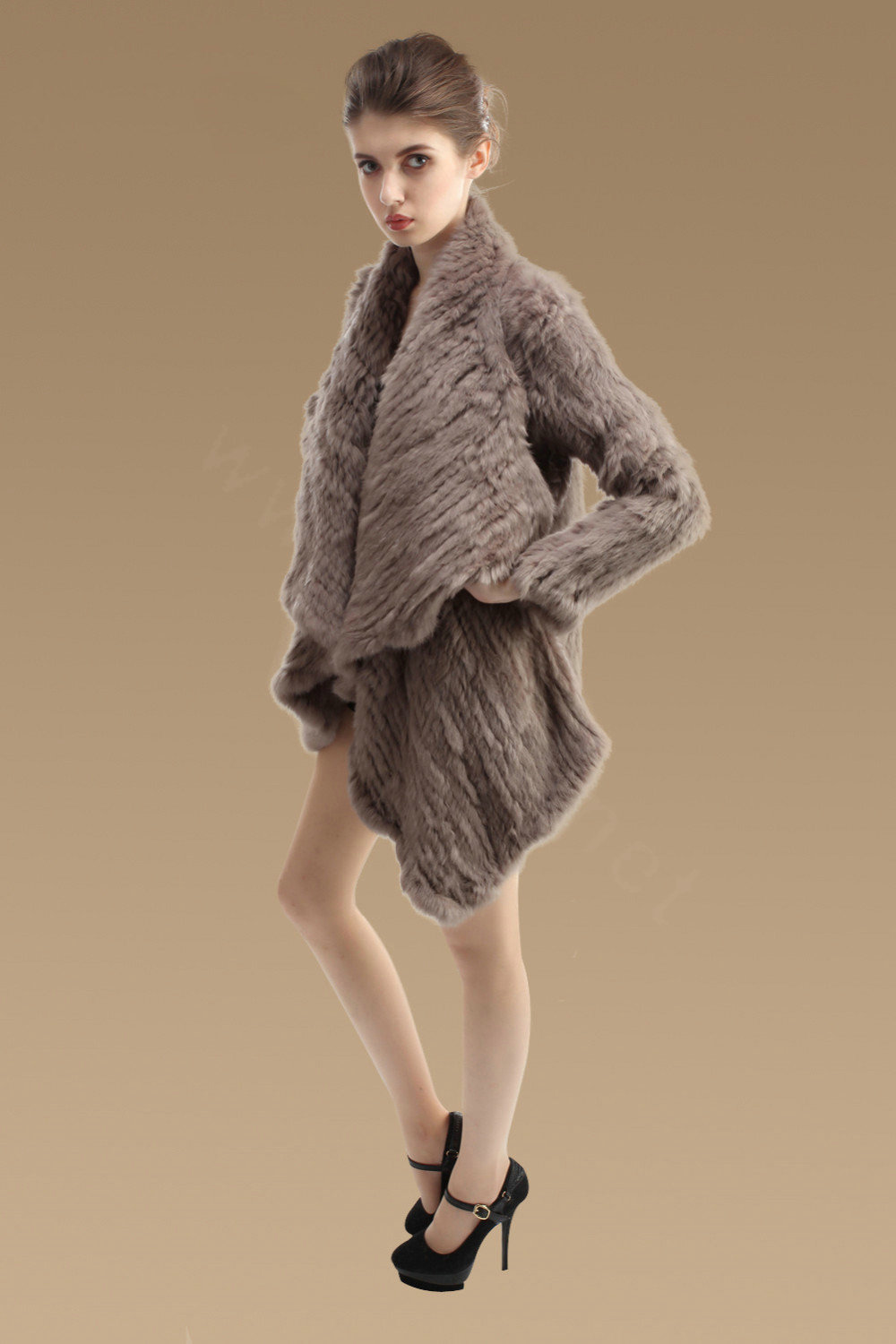 Fashion Natural Rabbit Fur Jacket Women Knitted Irregular Winter Warm Fur Coats - Khaki