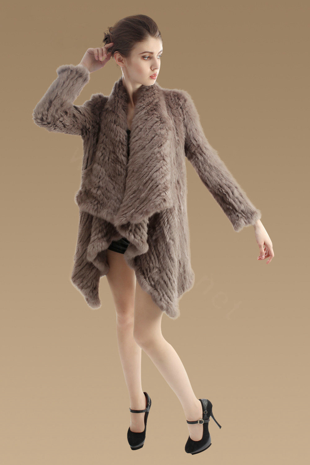 Fashion Natural Rabbit Fur Jacket Women Knitted Irregular Winter Warm Fur Coats - Khaki