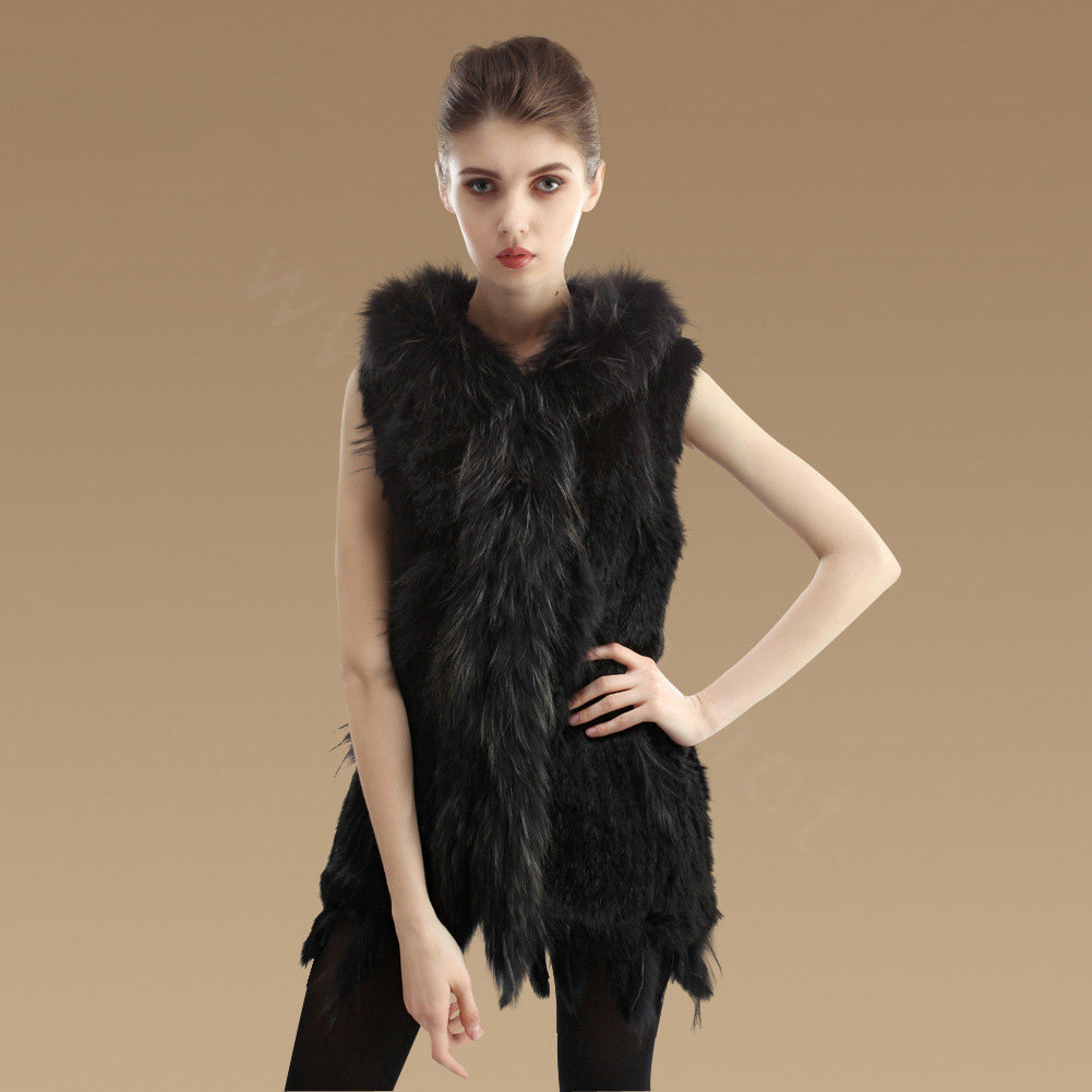Fashion Queen Real Rabbit Fur Vests Warm kint Women's Raccoon Fur Hooded Waistcoat - Black