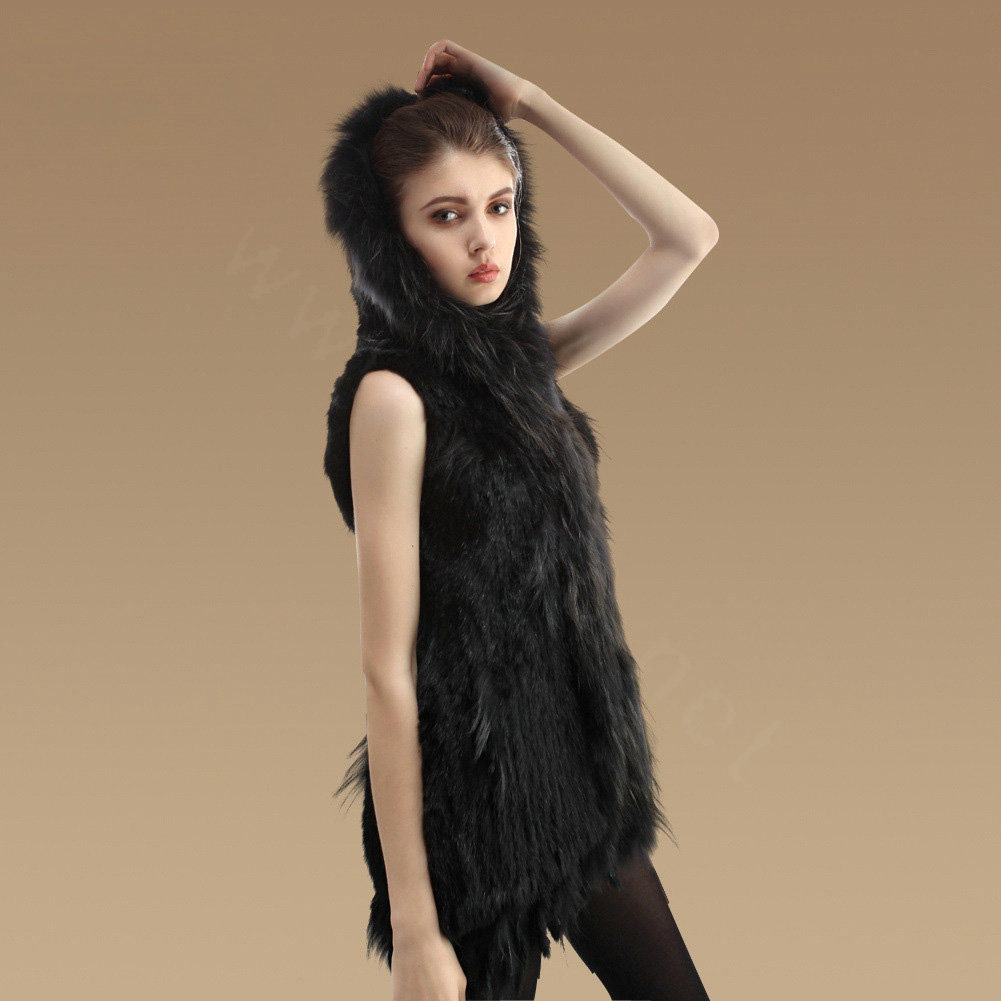Fashion Queen Real Rabbit Fur Vests Warm kint Women's Raccoon Fur Hooded Waistcoat - Black