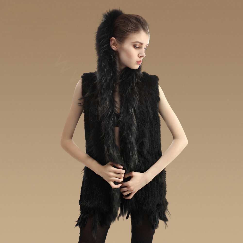 Fashion Queen Real Rabbit Fur Vests Warm kint Women's Raccoon Fur Hooded Waistcoat - Black