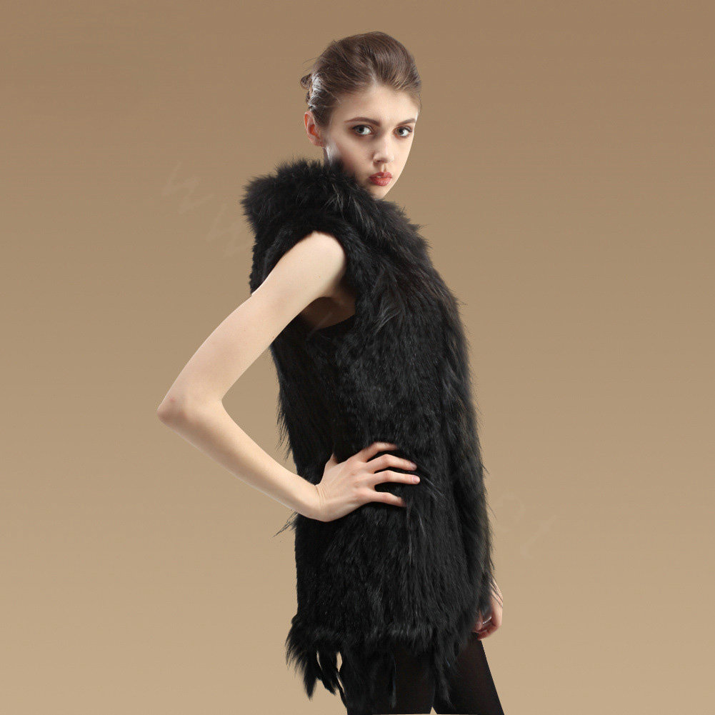 Fashion Queen Real Rabbit Fur Vests Warm kint Women's Raccoon Fur Hooded Waistcoat - Black