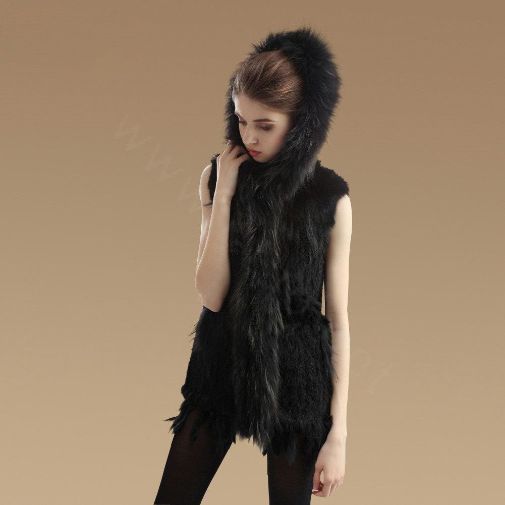 Fashion Queen Real Rabbit Fur Vests Warm kint Women's Raccoon Fur Hooded Waistcoat - Black