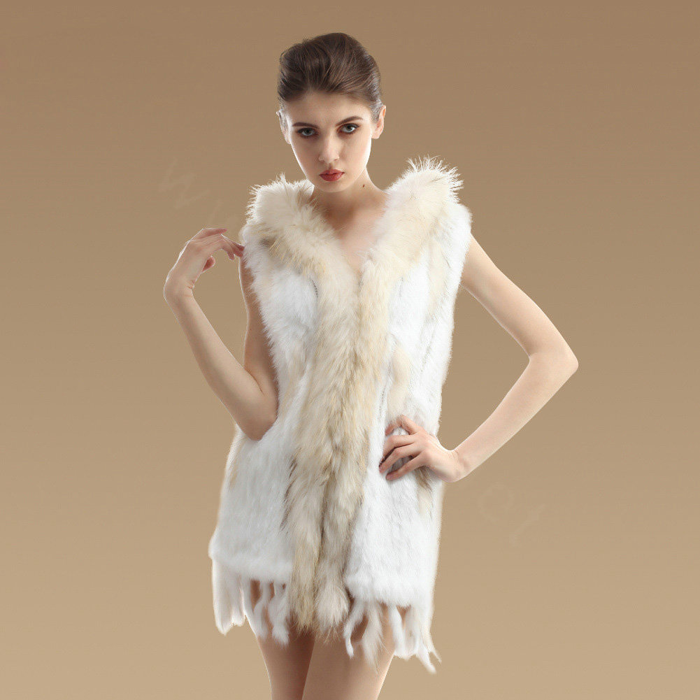 Fashion Queen Real Rabbit Fur Vests Warm kint Women's Raccoon Fur Hooded Waistcoat - White