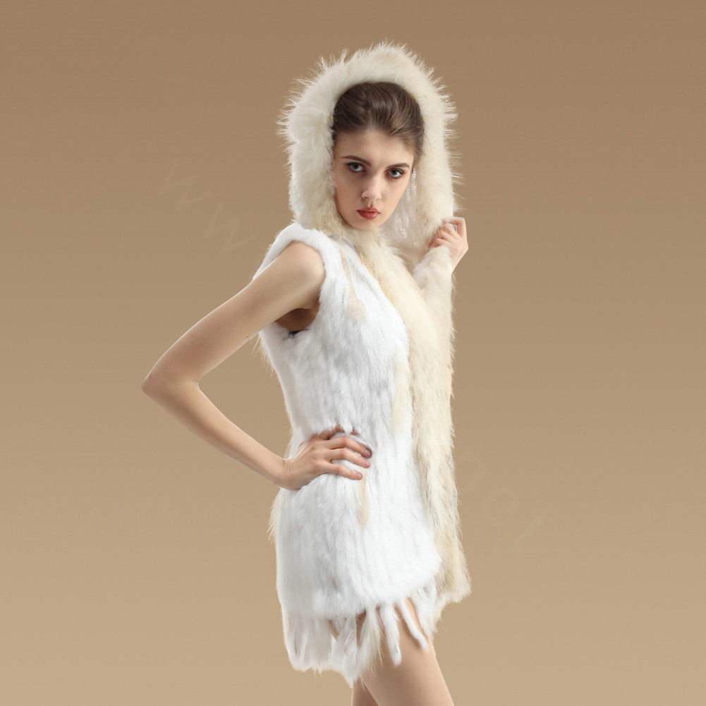 Fashion Queen Real Rabbit Fur Vests Warm kint Women's Raccoon Fur Hooded Waistcoat - White