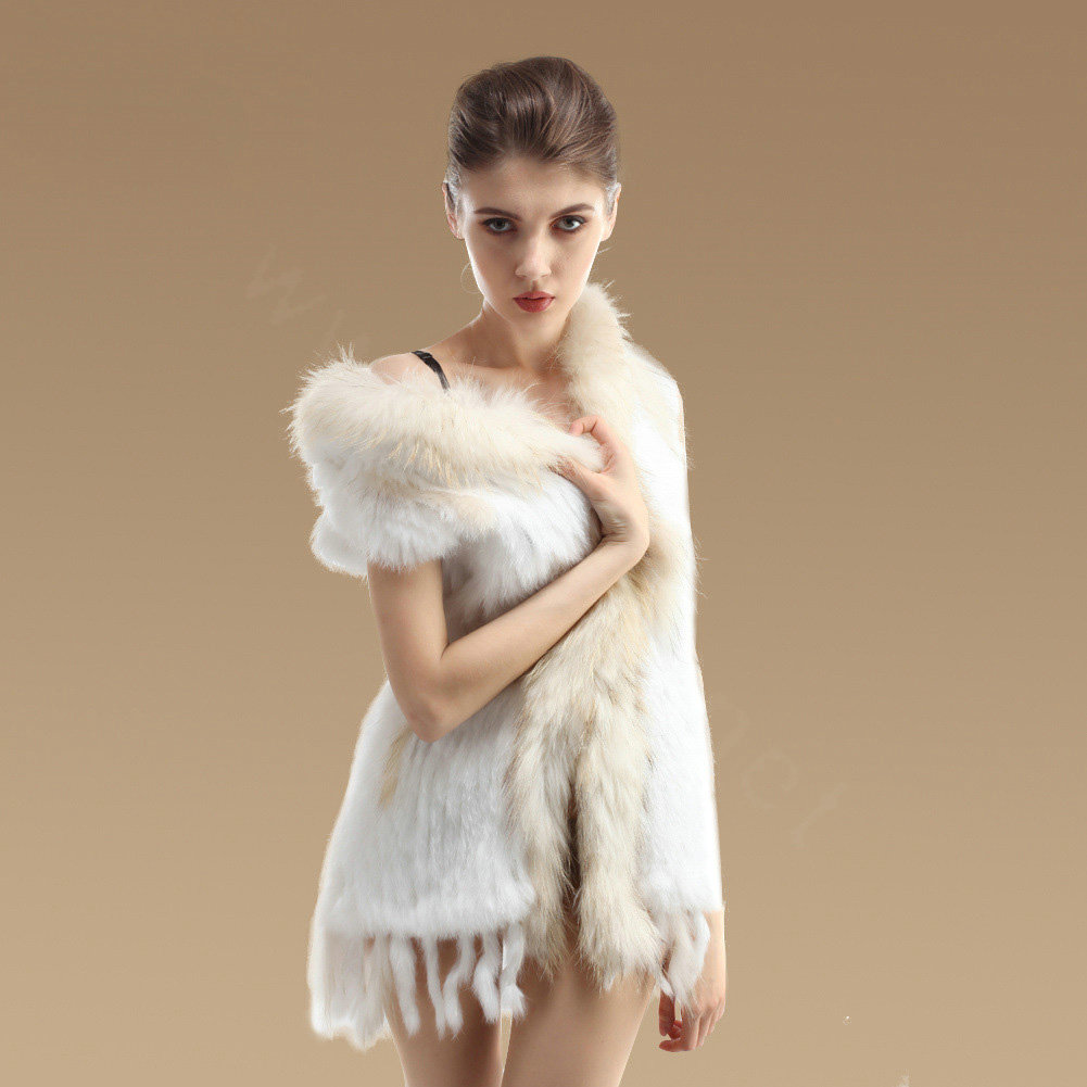 Fashion Queen Real Rabbit Fur Vests Warm kint Women's Raccoon Fur Hooded Waistcoat - White